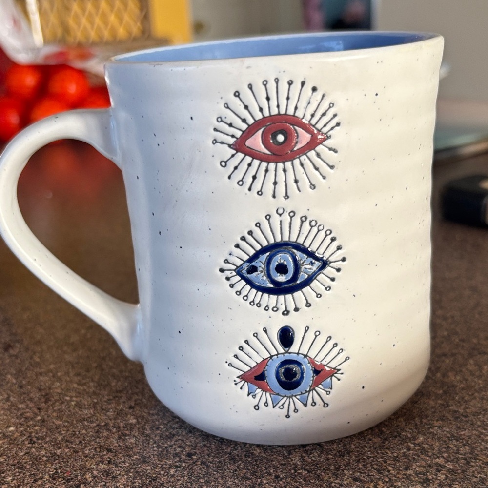 Bohemian Traders Mug with Eye Design - Cream, Blue, and Red - Picture 3 of 5